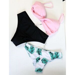 New Shein 3 piece swimsuit bikini top bottoms beach tropical pink green print S
